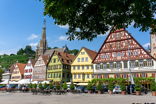 Esslingen, BW / Germany - 21 July 2020: view of the market square and traditional half-timbered houses in Esslingen