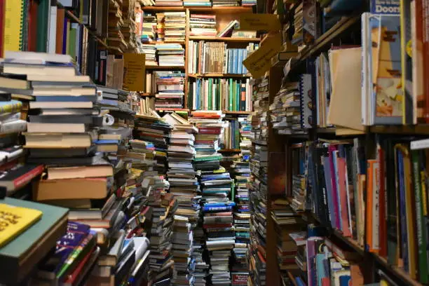 Stacks of hundreds of books in bookstore isle