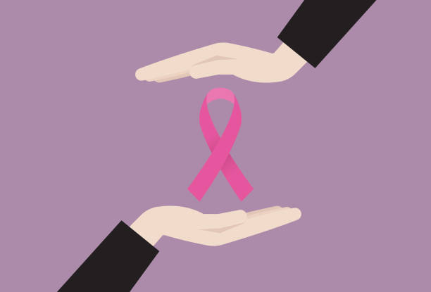ilustraciones, imágenes clip art, dibujos animados e iconos de stock de dos manos sosteniendo un símbolo de cinta de cáncer rosa - breast cancer awareness
