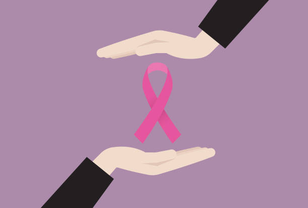 illustrations, cliparts, dessins animés et icônes de deux mains retenant un symbole rose de ruban de cancer - breast cancer cancer breast cancer awareness ribbon pink