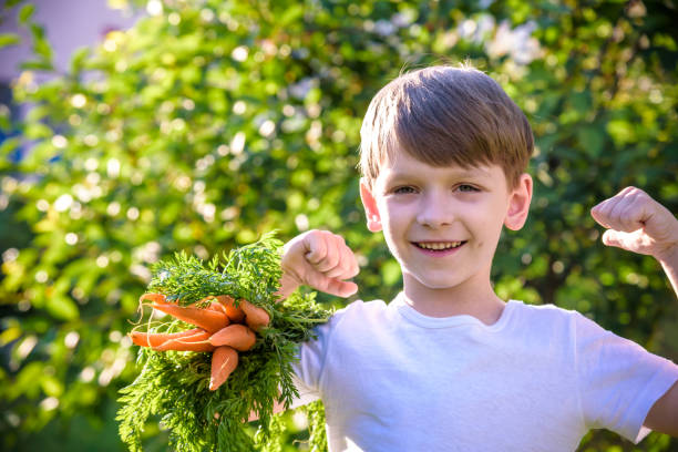 ein junge in einem hellen t-shirt feiert ein glückliches, lächelndes lachen mit erhobenen händen auf einem naturhintergrund, hält in der hand einen haufen karotten - carrot isolated white carotene stock-fotos und bilder