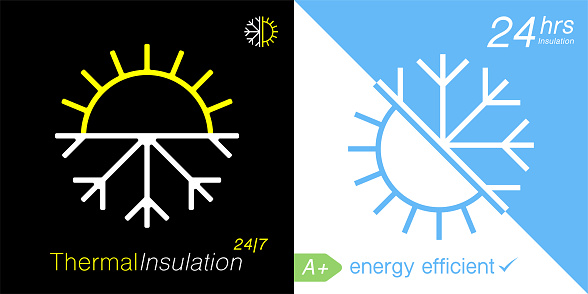 Thermal insulation icon. Temperature protection symbol. Sun snowflake sign. Weather insulate emblem. Vector illustration.