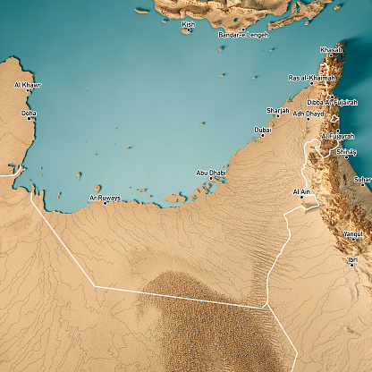 3D Render of a Topographic Map of the United Arab Emirates. Version with Country Boundaries and Cities.\nAll source data is in the public domain.\nColor texture: Made with Natural Earth. \nhttp://www.naturalearthdata.com/downloads/10m-raster-data/10m-cross-blend-hypso/\nRelief texture: GMTED2010 data courtesy of USGS. URL of source image: \nhttps://topotools.cr.usgs.gov/gmted_viewer/viewer.htm\nWater texture: World Water Body Limits: Humanitarian Information Unit HIU, U.S. Department of State\nhttp://geonode.state.gov/layers/geonode%3AWorld_water_body_limits_polygons\nBoundaries: Humanitarian Information Unit HIU, U.S. Department of State (database: LSIB)\nhttp://geonode.state.gov/layers/geonode%3ALSIB_10
