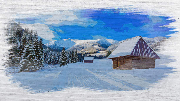 Watercolor painting of snowy wooden cottages in winter, Tatra Mountains Watercolor painting of snowy wooden cottages in winter, Tatra Mountains tatra mountains stock illustrations