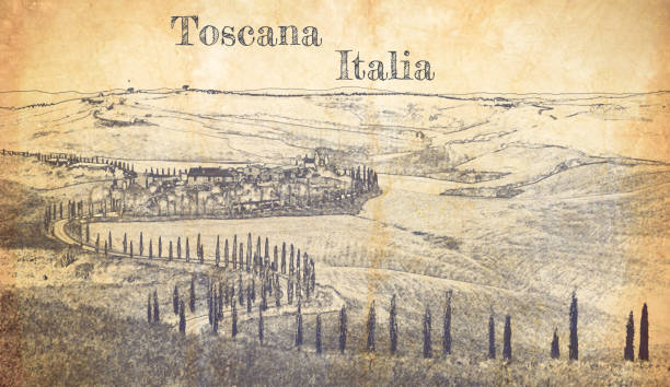 이탈리아 토스카나의 사이프러스가 있는 구불구불한 길의 스케치 - italy landscape tuscany retro revival stock illustrations