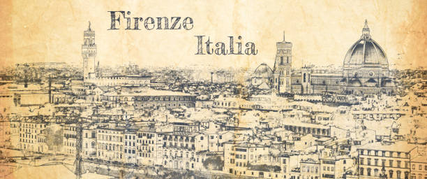 Panorama of Florence, Italy, sketch on old paper