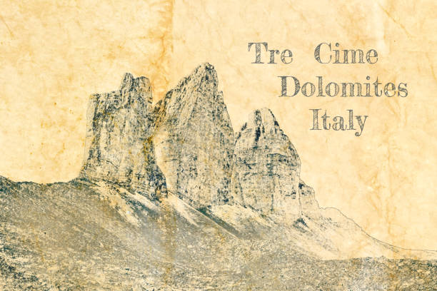 istock Tre Cime peaks in Dolomites, Italy, sketch on old paper 1258139461