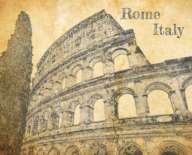 ilustraciones, imágenes clip art, dibujos animados e iconos de stock de coliseo en roma en italia, boceto en papel viejo - rome coliseum italy ancient rome