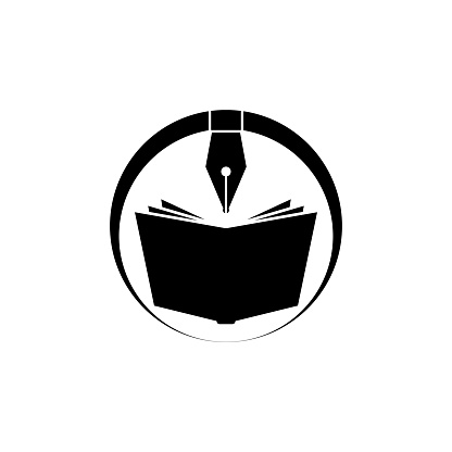 Elegant fountain pen and book icon. Book author logo. Book store. Vector illustration.