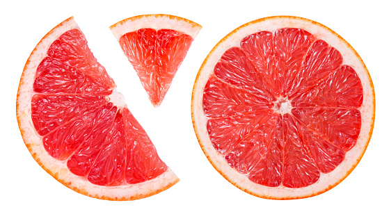 Grapefruit slice isolated. Pink grapefruit slice on white. Grapefruit pink. Flat lay. Top view. With clipping path.