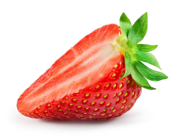 istock Strawberry half isolated. Strawberry isolate. Strawberry slice on white. Side view strawberry. With clipping path. 1258142620