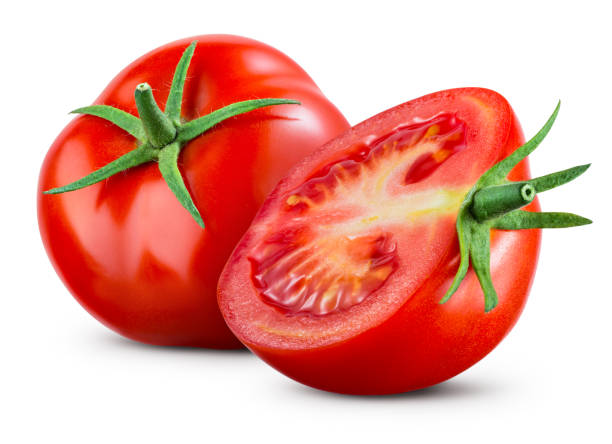 Tomatoes isolate on white background. Tomato half isolated. Tomatoes side view. Whole, cut, slice tomatoes. Clipping path.