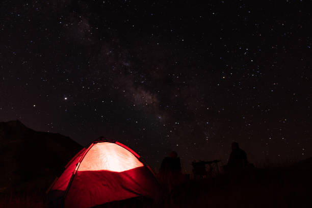 Night photo of camping tent under the stars in nature. Shot during night with a full frame mirrorless camera. No people are seen in frame.