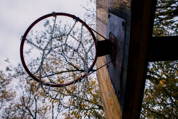 istock Old basketball shield with a ring on an open court 1258146373