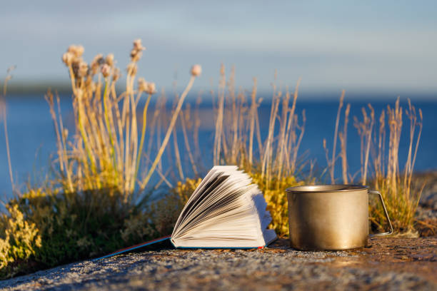 istock Book with a mug of tea outdoors. 1258148449