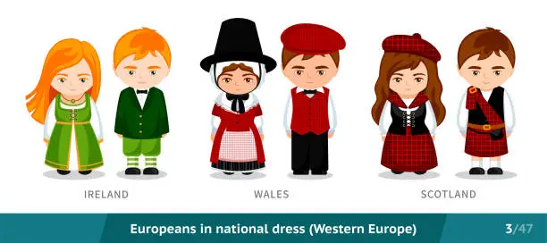 Vector illustration of Ireland, Wales, Scotland. Men and women in national dress. Set of european people wearing ethnic traditional costume.