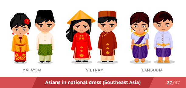 Malaysia, Vietnam, Cambodia. Men and women in national dress. Set of asian people wearing ethnic traditional costume. Isolated cartoon characters. Southeast Asia. Vector flat illustration. ao dai stock illustrations