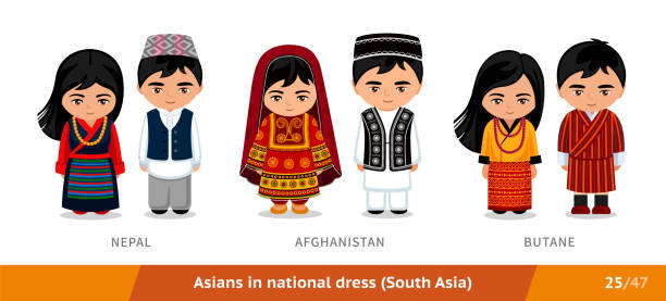 ilustraciones, imágenes clip art, dibujos animados e iconos de stock de nepal, afganistán, butane. hombres y mujeres vestidos de nacionalidad. conjunto de asiáticos con ropa étnica. - afghanistan person