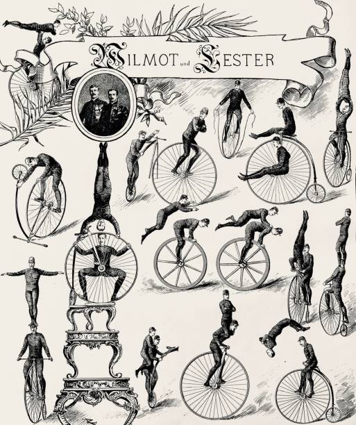 Wilmot and Lester, two cycling artists in different performances Illustration from 19th century penny farthing bicycle stock illustrations