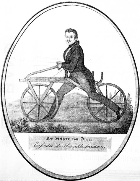 ilustraciones, imágenes clip art, dibujos animados e iconos de stock de retrato del barón de drais, inventor de la draisine, bicicleta - riding old old fashioned motion