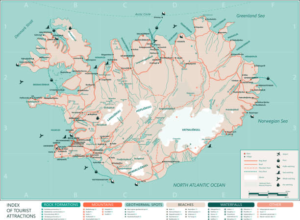 Iceland tourist map A detailed tourist map of the Iceland with tourist attractions. Layered and clearly marked. EPS10 vector illustration, global colors, easy to modify. iceland whale stock illustrations