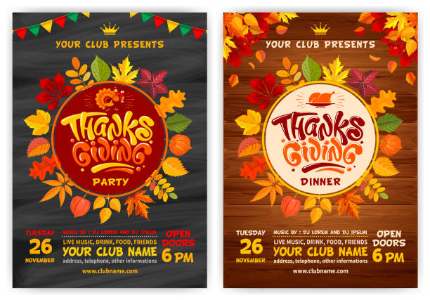 Thanksgiving Party Poster Templates Set Set of vector templates for flyers or posters on Thanksgiving Day. Black chalkboard and wooden background with autumn leaves. Cheerful turkey, calligraphic inscription Thanksgiving and space for text."n funny thanksgiving stock illustrations