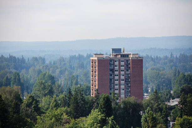 Prince George, Canada - June 29, 2020. One of the tallest apartment buildings in Prince George as seen from Connaught Hill Park.