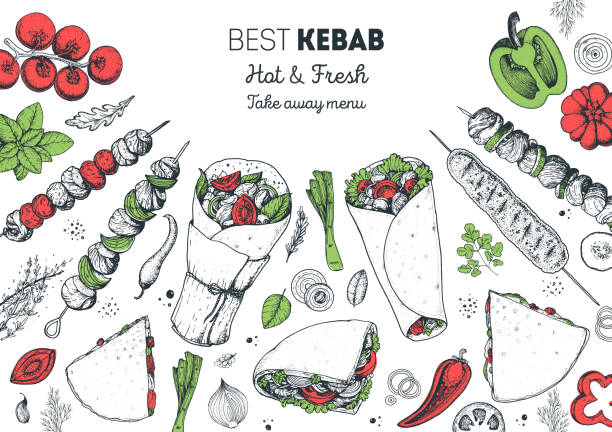 Doner kebab and ingredients for kebab, sketch illustration. Arabic cuisine frame. Fast food menu design elements. Shawarma hand drawn frame. Middle eastern food. Doner kebab and ingredients for kebab, sketch illustration. Arabic cuisine frame. Fast food menu design elements. Shawarma hand drawn frame. Middle eastern food. shish kebab stock illustrations