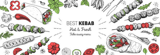 doner kebab kochen und zutaten für kebab, skizze illustration. arabische küche rahmen. fast-food-menü-design-elemente. shawarma handgezeichneten rahmen. nahöstliche ernährung. - sandwich turkey bread toast stock-grafiken, -clipart, -cartoons und -symbole