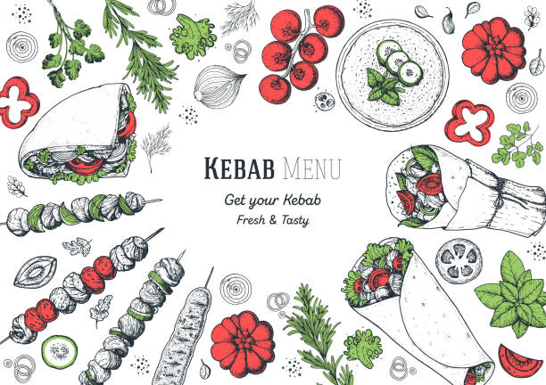 doner kebab und zutaten für kebab, skizze illustration. arabische küche rahmen. fast-food-menü-design-elemente. shawarma handgezeichneten rahmen. nahöstliche ernährung. - sandwich turkey bread toast stock-grafiken, -clipart, -cartoons und -symbole