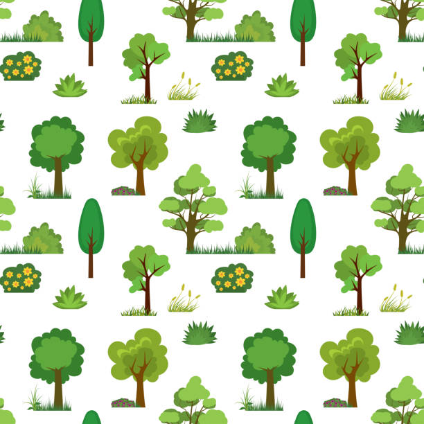 nahtloses muster mit bäumen, gras und sträuchern. cartoon textur mit grünen pflanzen. - tree stock-grafiken, -clipart, -cartoons und -symbole