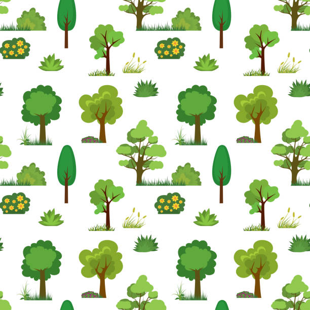 ilustrações, clipart, desenhos animados e ícones de padrão sem emendas com árvores, grama e arbustos. textura de desenho animado com plantas verdes. - bush