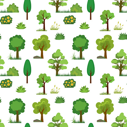 Seamless pattern with trees,grass and bushes. Cartoon texture with green plants.