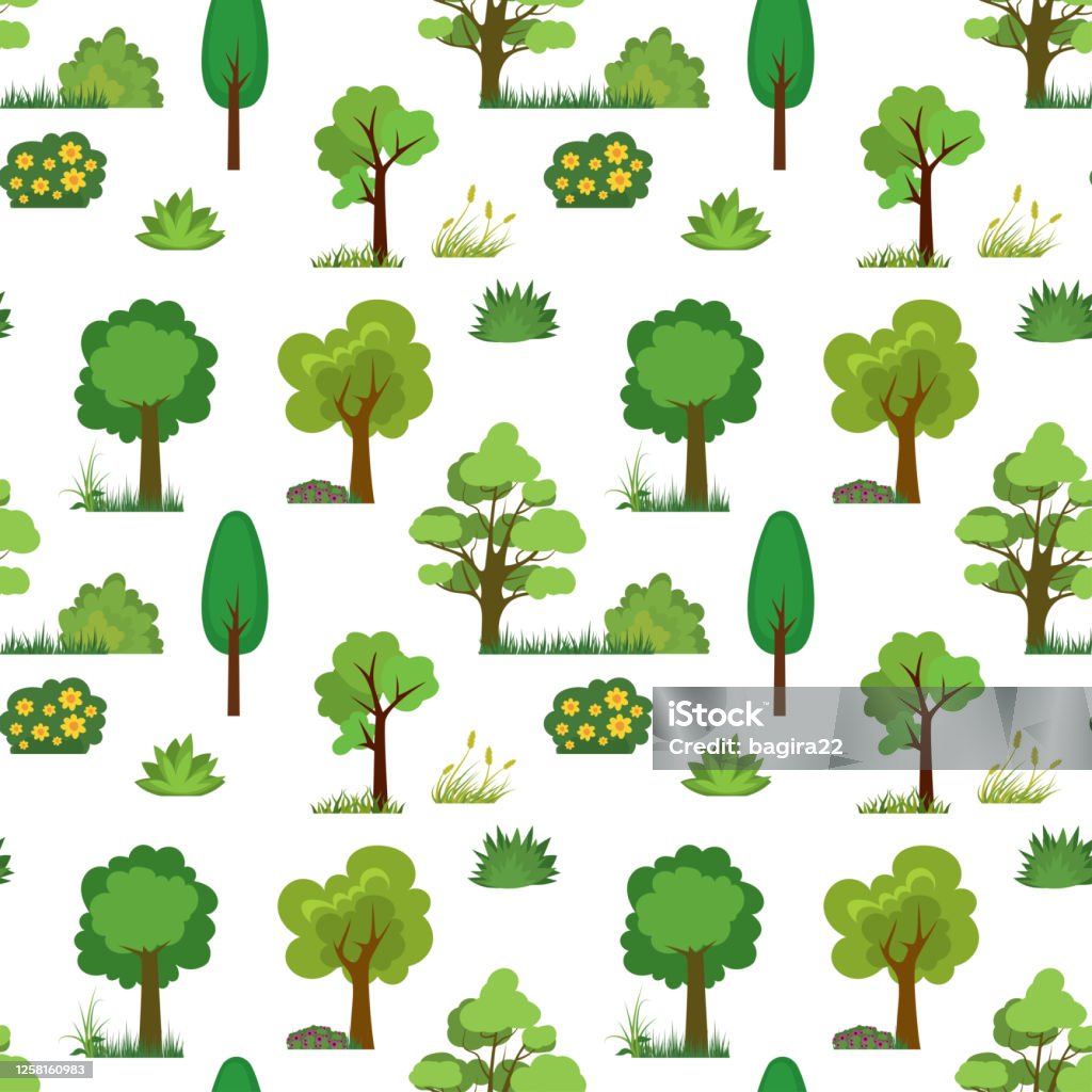 Seamless Pattern With Treesgrass And Bushes Cartoon Texture With Green  Plants Stock Illustration - Download Image Now - iStock