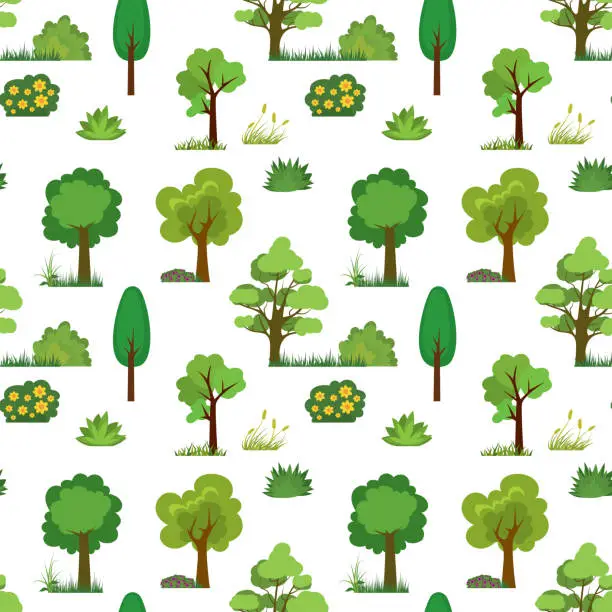 Vector illustration of Seamless pattern with trees,grass and bushes. Cartoon texture with green plants.