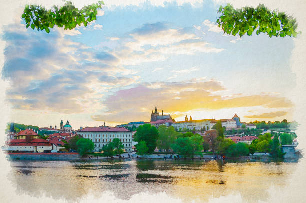 ilustrações, clipart, desenhos animados e ícones de desenho de aquarela do centro histórico da cidade de praga. castelo de praga, catedral de são vitus no distrito de hradcany, rio vltava, céu azul nuvens brancas na vista do pôr do sol à noite, boêmia, república tcheca - vltava river