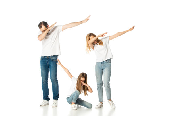 young family showing dab gesture isolated on white