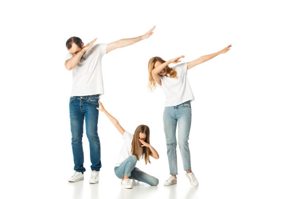 young family showing dab gesture isolated on white young family showing dab gesture isolated on white dab dance photos stock pictures, royalty-free photos & images