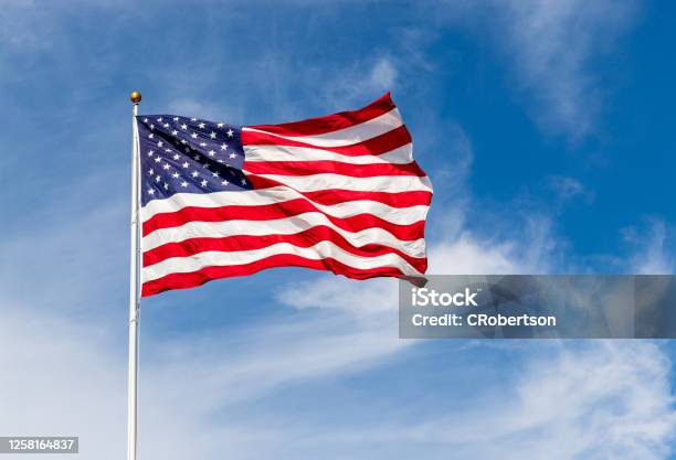 鮮豔的美國國旗在風中飄揚鮮豔的紅白藍兩色被太陽照耀與藍天對著複製空間 照片檔及更多 美國國旗 照片 - 美國國旗, 天空, 飛行