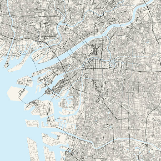 Osaka, Japan Vector Map Topographic / Road map of Osaka, Japan 大阪市 Original map data is open data via © OpenStreetMap contributors shitenno ji stock illustrations