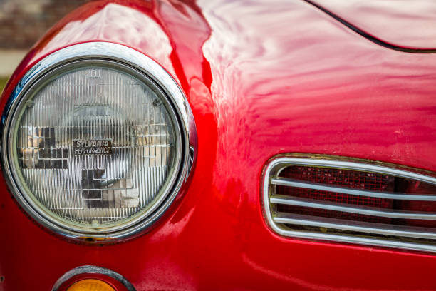 Santos, Brazil. August 22, 2021. Detail of the front of a 1960 red Beetle, vintage