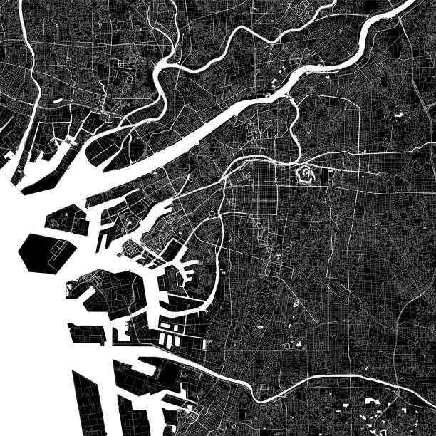 Osaka, Japan Vector Map Topographic / Road map of Osaka, Japan 大阪市 Original map data is open data via © OpenStreetMap contributors shitenno ji stock illustrations