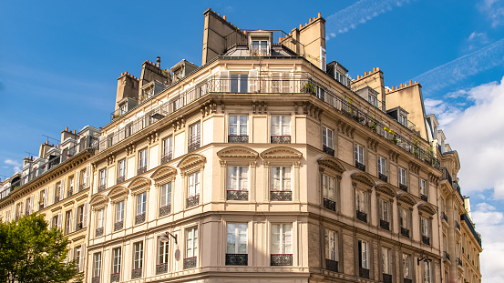 Paris, typical facade and windows, beautiful building rue Reaumur