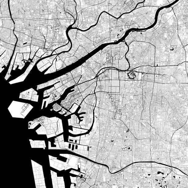 Osaka, Japan Vector Map Topographic / Road map of Osaka, Japan 大阪市 Original map data is open data via © OpenStreetMap contributors shitenno ji stock illustrations