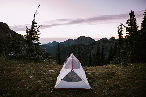A lone tent high in the mountains overlooks a sunrise in the forest valley.  Shot in Washington state on the Olympic Peninsula