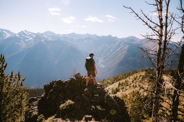 istock Backpacker Hiking Mountain Ridge With View of Olympics 1258167225