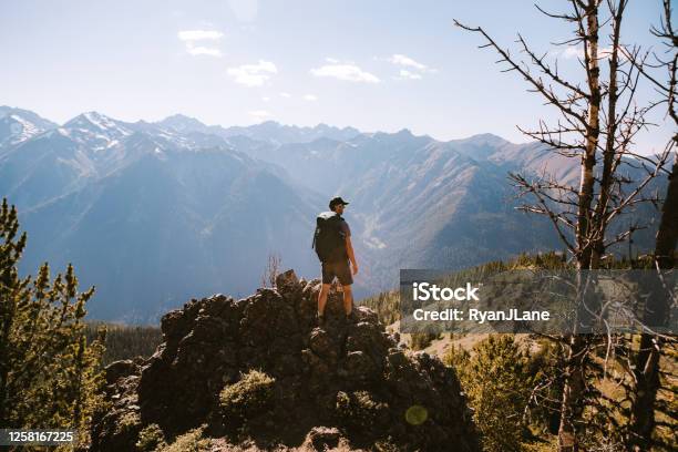 Backpacker Hiking Mountain Ridge With View Of Olympics Stock Photo - Download Image Now
