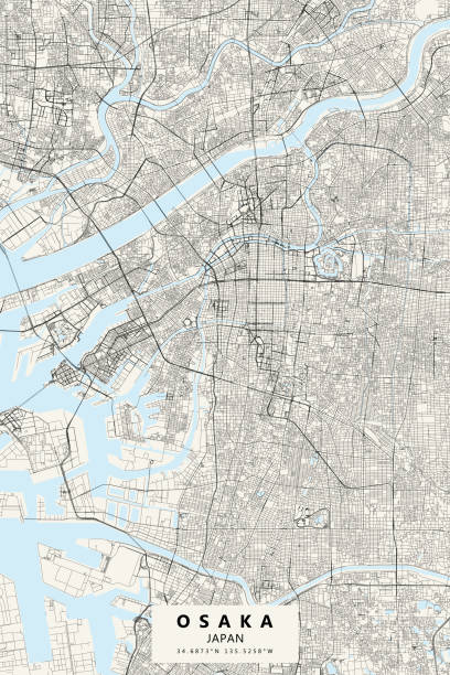 Osaka, Japan Vector Map Poster Style Topographic / Road map of Osaka, Japan 大阪市 Original map data is open data via © OpenStreetMap contributors shitenno ji stock illustrations