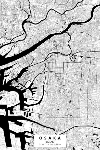 Osaka, Japan Vector Map Poster Style Topographic / Road map of Osaka, Japan 大阪市 Original map data is open data via © OpenStreetMap contributors shitenno ji stock illustrations