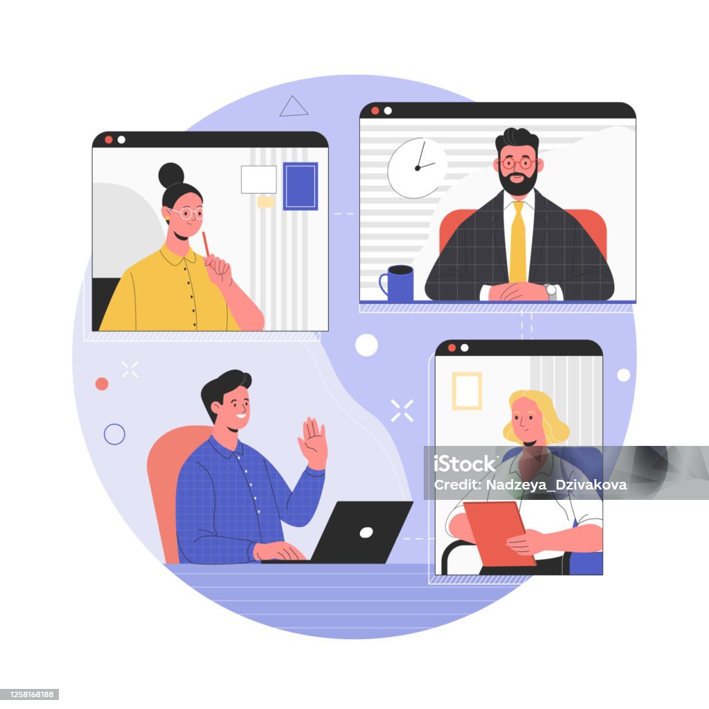 Video conference concept. Vector illustration of computer and smartphone screens of colleagues talking during a video call. Isolated on background Working stock vector